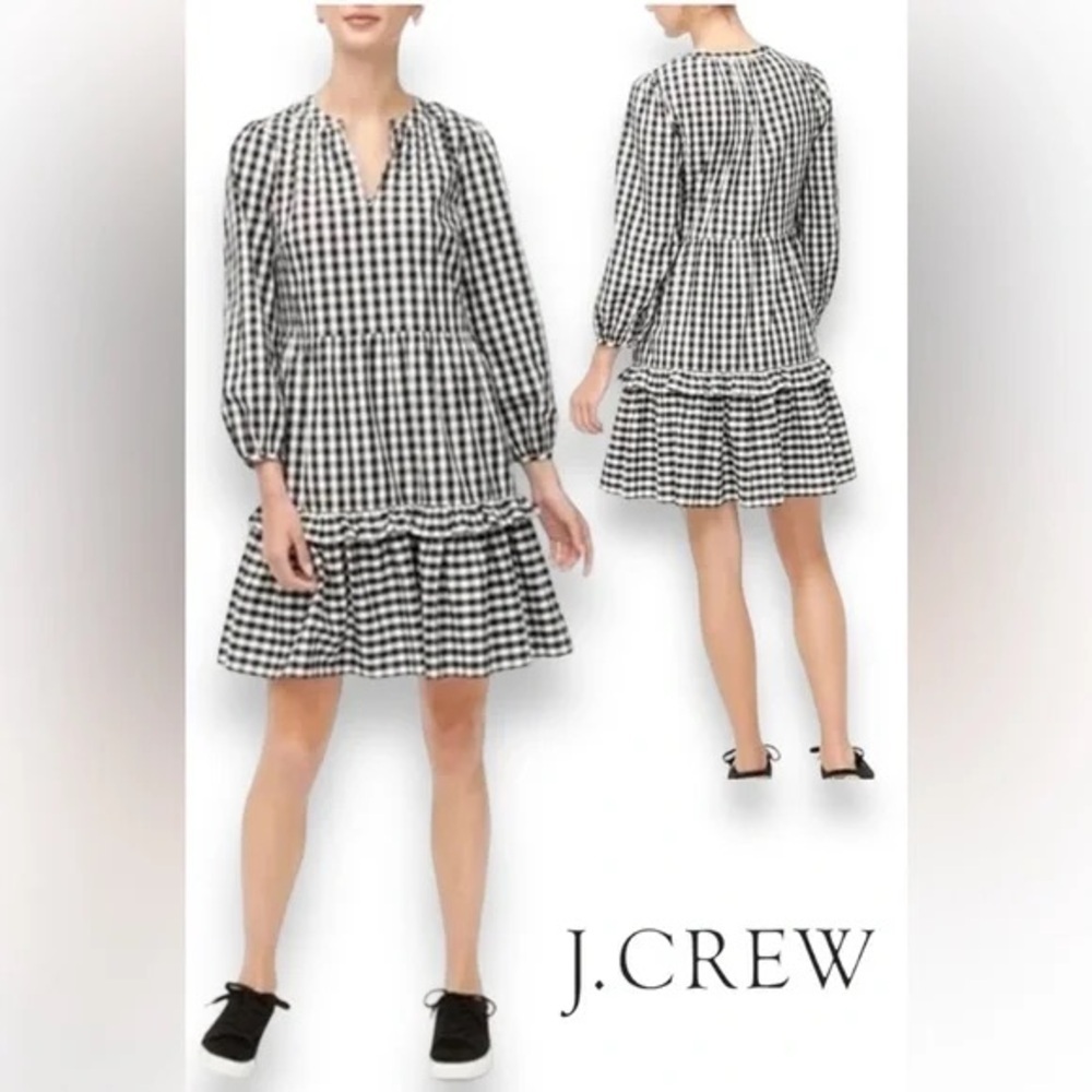 J. Crew Cotton Poplin Tiered Ruffle Mini Dress Black White Ruffled Gingham S